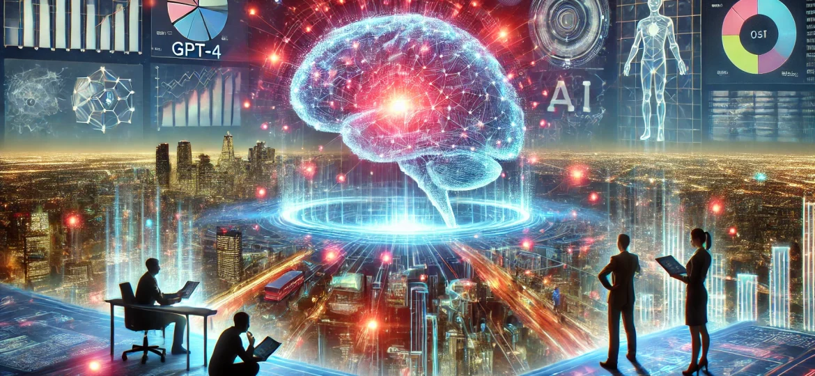 DALL·E 2024-09-23 15.13.56 - A futuristic scene representing the vision of GPT-4 and artificial intelligence models. A massive digital brain rises over a digital world, with light