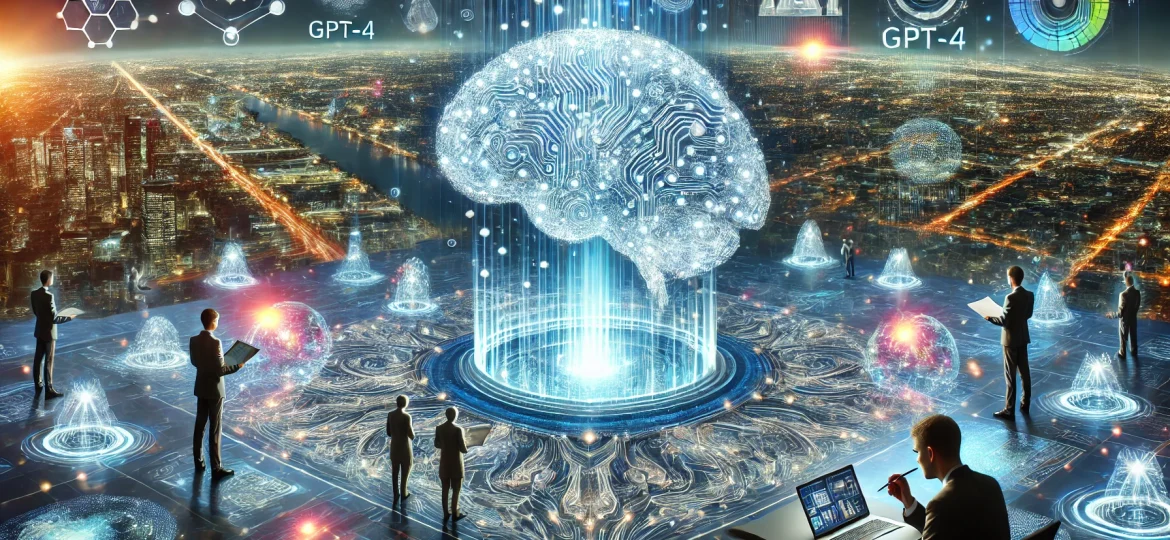 DALL·E 2024-09-23 15.13.57 - A futuristic scene representing the vision of GPT-4 and artificial intelligence models. A massive digital brain rises over a digital world, with light