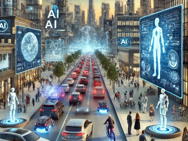 DALL·E 2024-10-11 12.44.12 - A realistic image depicting the future impact of AI between 2024-2030. The scene includes a modern cityscape with elements of AI integration, such as