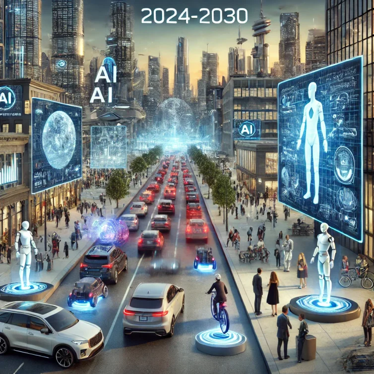 DALL·E 2024-10-11 12.44.12 - A realistic image depicting the future impact of AI between 2024-2030. The scene includes a modern cityscape with elements of AI integration, such as