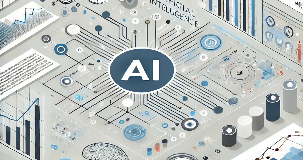 DALL·E 2024-10-18 14.58.21 - A minimalist, modern infographic-style illustration showing artificial intelligence analyzing large data sets in a business environment. The design in