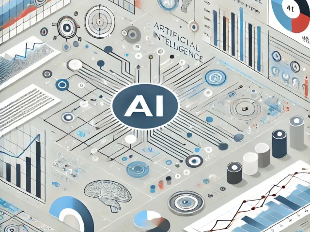 DALL·E 2024-10-18 14.58.21 - A minimalist, modern infographic-style illustration showing artificial intelligence analyzing large data sets in a business environment. The design in