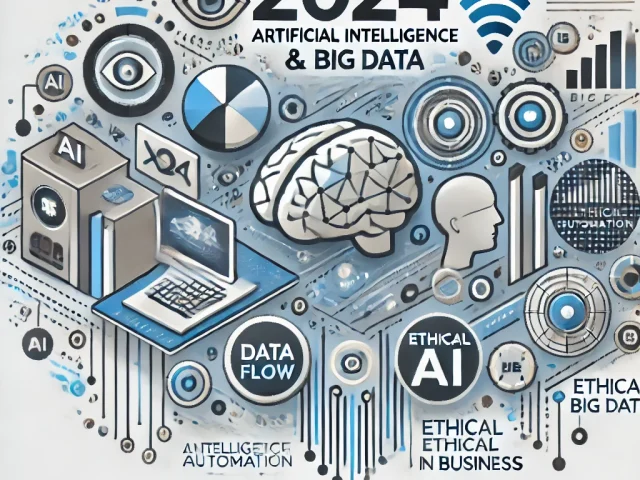 DALL·E 2024-10-18 14.58.38 - A modern infographic-style illustration representing 2024 trends in artificial intelligence and big data. The image features symbols of AI technology,